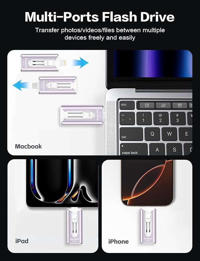 256GB Mini Dual Interface Flash Drive, Portable Memory Stick Compatible with iPhone 17/16/15/14/13/12/11, iPad Android PC, Easy to Save Photos, Videos & Files (1 Pack-Lavender Purple)