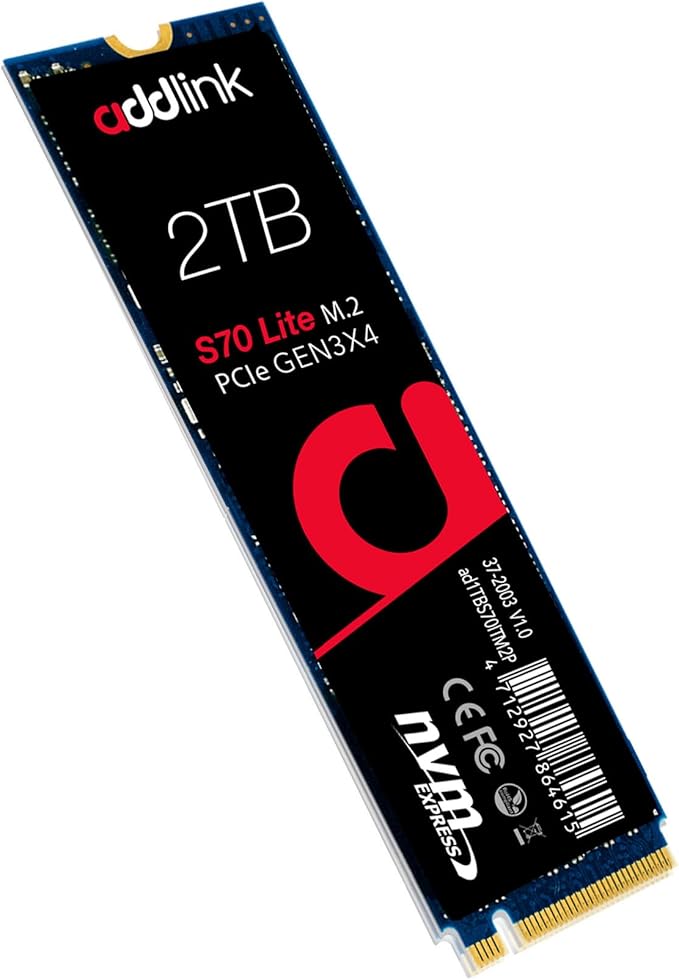 Addlink S70 Lite 2TB Ultra Durability Gaming SSD Maximum Speed 3500 MB/s Internal Solid State Hard Drive - M.2 2280 PCIe 3.0 NVMe Gen3X4 3D NAND SSD (ad2TBS70M2P)