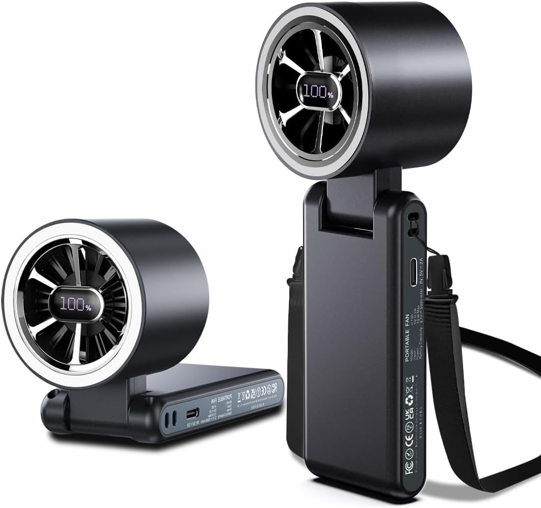 CAZOKASI Rechargeable Strong Wind Handheld Fan With Ambient Lighting 4 IN1 5000mAh Upto 22H For Desktop Waist Clip Neck (StrongWind/Black)