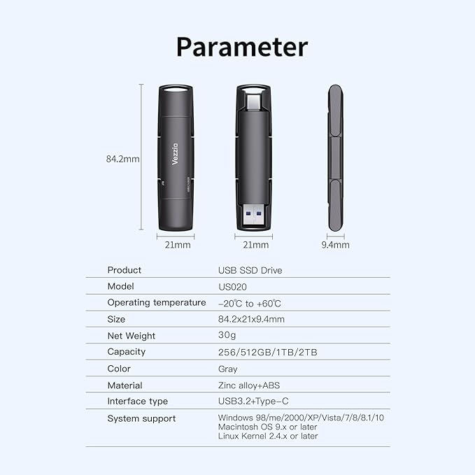 512GB Flash Drive, Vezzio External SSD Speed to 1000MB/s USB C Flash Drive, USB 3.2 Gen2+Type C Dual Portable SSD, Thumb Drive for iPhone17,16,15 Series/MacBook/Android Phone/Audio etc