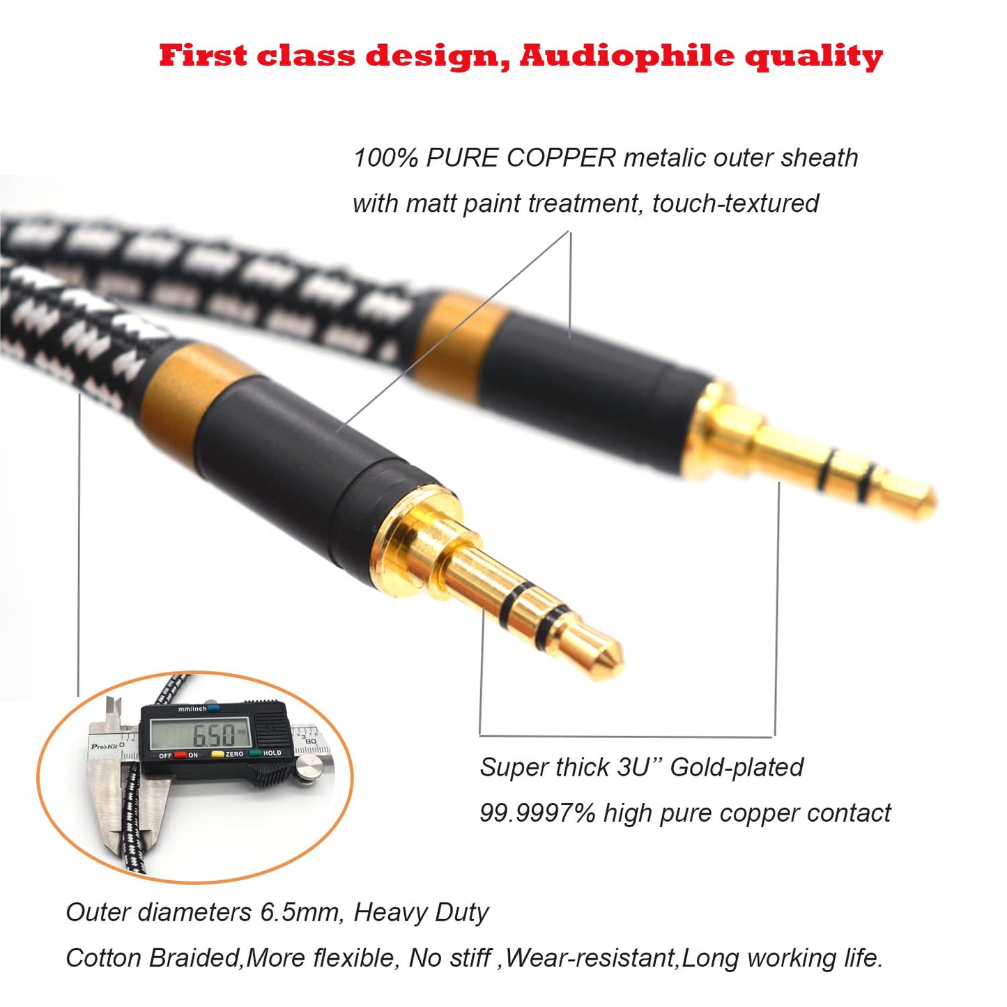 Aux Cord, Audiophile 3.5mm Stereo Audio Cable [0.75m (2.5 Feet), Silvered-Plated Copper core], Unbreakable and Great for Laptop, Tablets,Headphones, Cars and More.