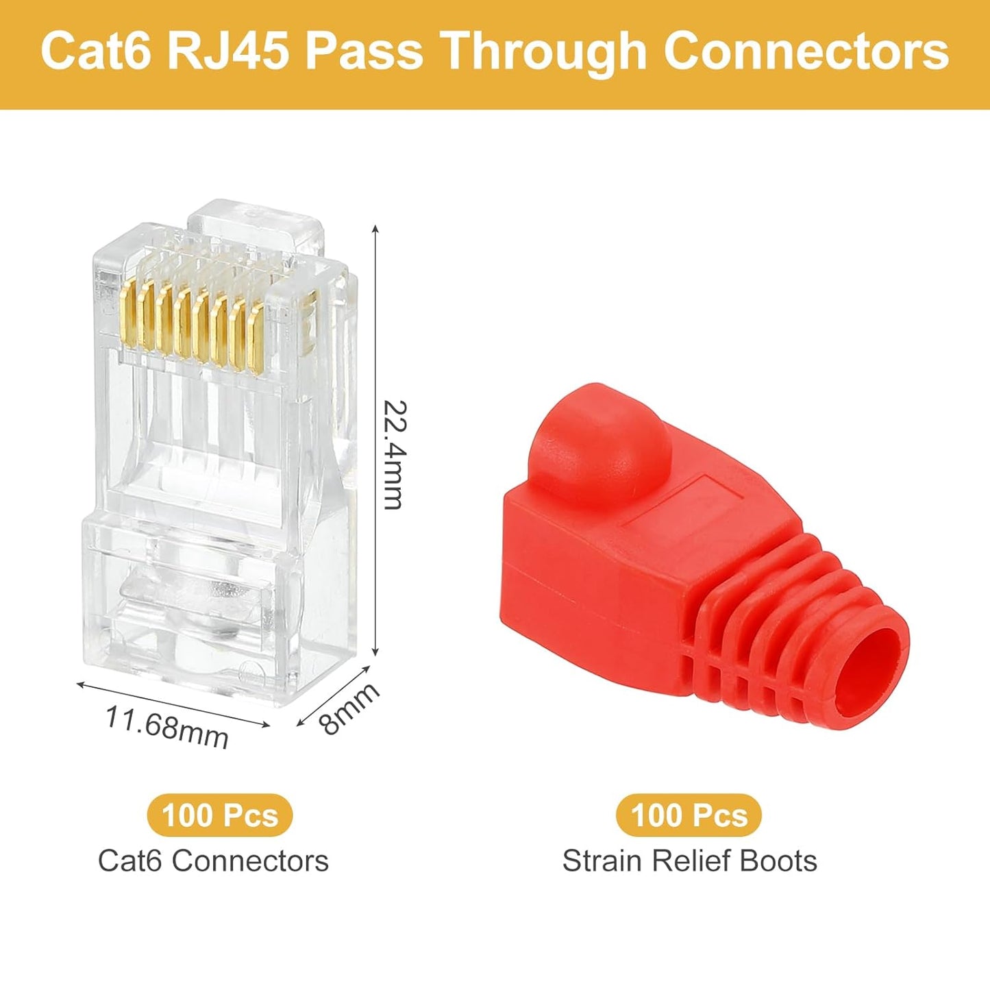MECCANIXITY 100pcs Cat6 RJ45 Pass Through Connectors, RJ45 Connector 8P8C Gold Plated Plugs with 100pcs Red Strain Relief Boots for Solid or Stranded UTP Ethernet Cable, 1.1mm
