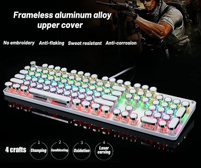 Typewriter Style Mechanical Gaming Keyboard LED Backlit Wired with Blue Switch Retro Round Keycap 104 Keys Keyboard (White 104 Keys LED)
