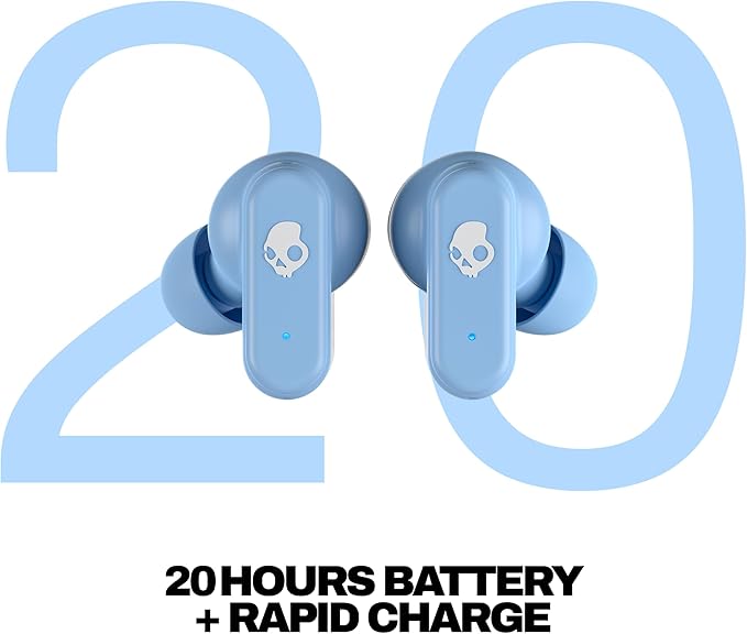 Skullcandy Dime 3 Wireless Earbuds, Bluetooth Headphones, Noise Isolating Fit, Up to 20 Hours Battery, Microphone for iPhone Android, Easy Carry with Integrated Lanyard - Preppy Blue