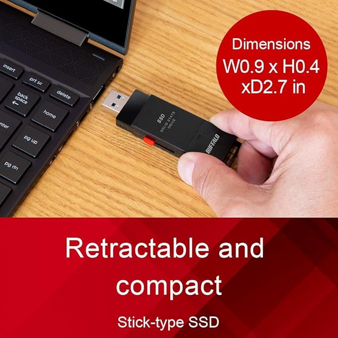 BUFFALO External SSD 500GB - Up to 600MB/s - USB-C - USB-A - USB 3.2 Gen 2 (Compatible with PS4 / PS5 / Windows/Mac) - External Solid State Drive Stick - ‎‎‎SSD-PUT500U3B