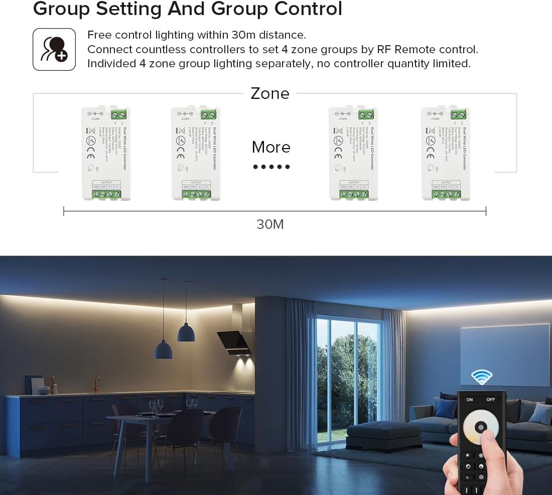 BTF-LIGHTING RF 2.4GHz Wireless Remote RC02RFB &4PCS C02RF Tuya Controller Kit 4 Zone Group Control PWM CCT(+ CW WW) 3pin 5050SMD FCOB COB Dual White LED Strip DC5V DC12V DC24V