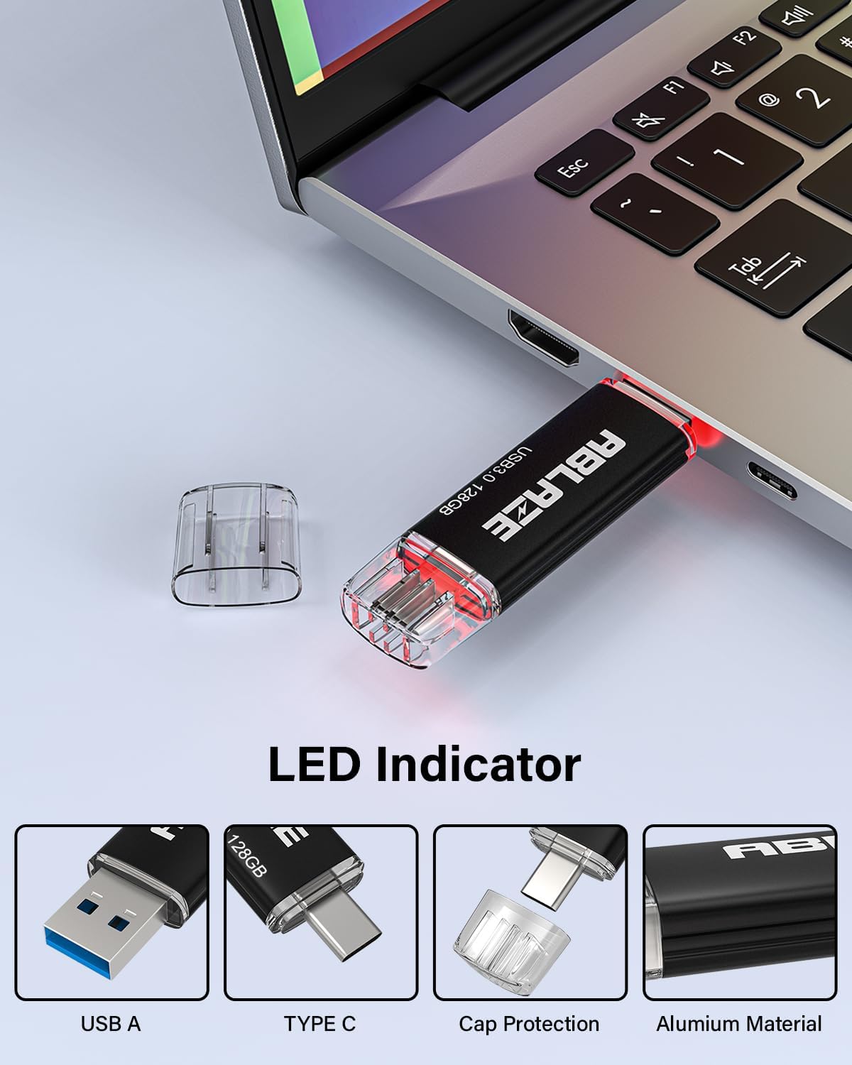 ABLAZE Type C Flash Drive 128GB, Dual USB 3.0+ USB C Flash Drive Compatible with iPhone 16/15,Android Smartphone,Computer,Tablet Mac Laptop