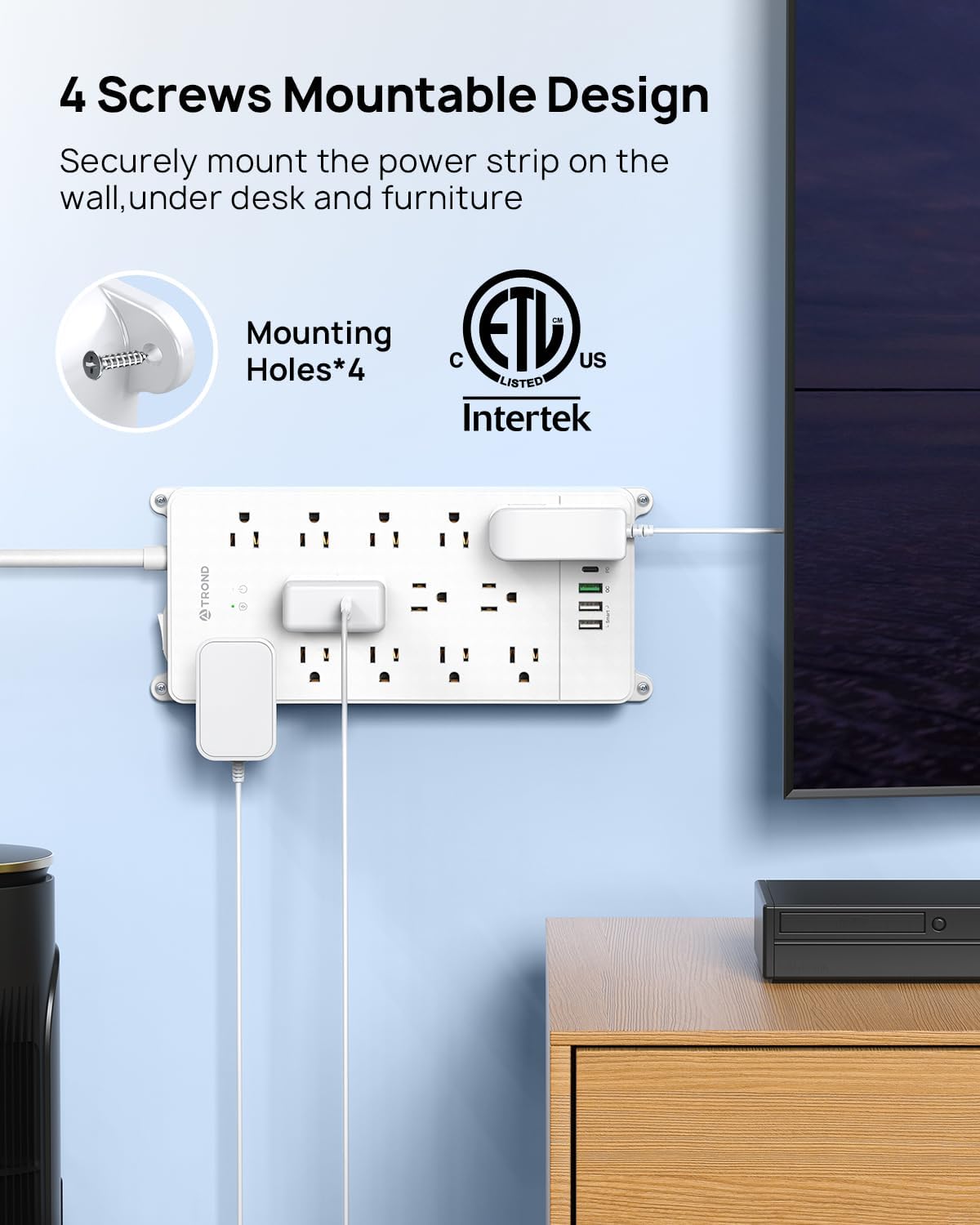 TROND Surge Protector Power Strip 15 ft, Flat Plug Extension Cord, 13 Wide Spaced Outlets, 4000 Joules, 32W Quick Charge 3.0 & USB C, Wall Mount, Under Desk, Heavy Duty, Mountable, ETL Listed, White