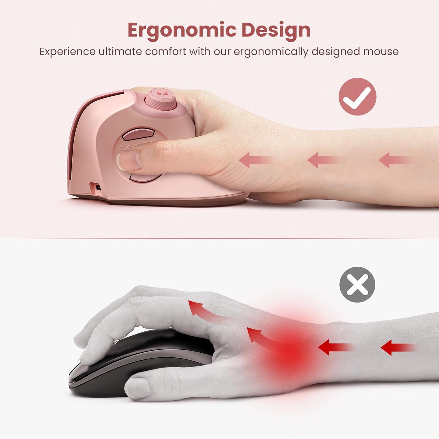 seenda Ergonomic Mouse Rechargeable, USB+Dual Bluetooth, MOU-302 Vertical Wireless Mouse with Volume Knob, Quiet Clicks, Multi-Device Cordless Mice Compatible for Windows, PC, Laptop, Mac OS, Pink