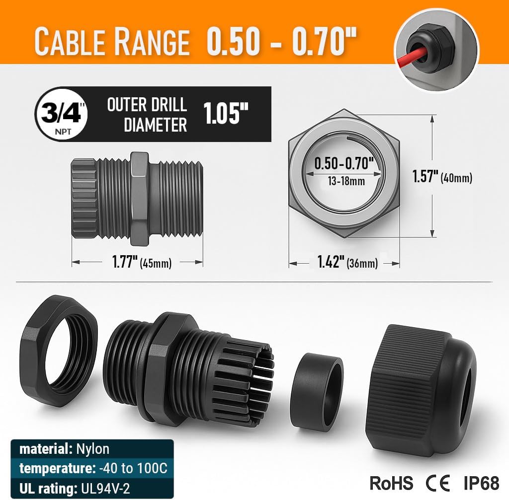 MGI SpeedWare 3/4" NPT Strain Relief Nylon Cord Grip Cable Glands, Black Plastic Grommet 100-Pack