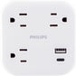 Philips EZFit 3-Outlet Surge Outlet Extender with USB, 1 USB-A, 1 Type-C, Adapter Spaced, Charging Station, 12W, 980 Joules, 2 Pack, White - SPP3605W/37