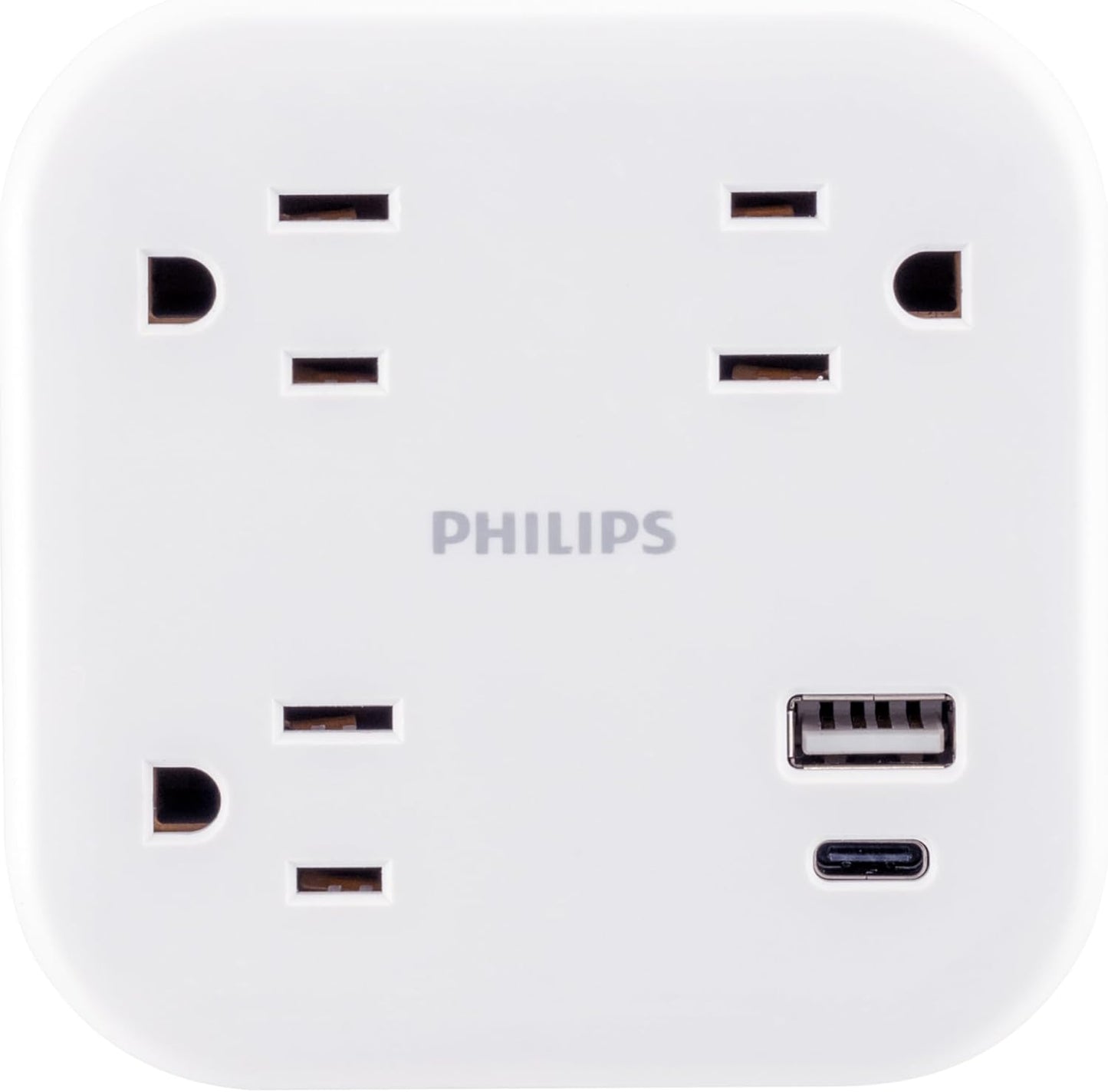 Philips EZFit 3-Outlet Surge Outlet Extender with USB, 1 USB-A, 1 Type-C, Adapter Spaced, Charging Station, 12W, 980 Joules, 2 Pack, White - SPP3605W/37