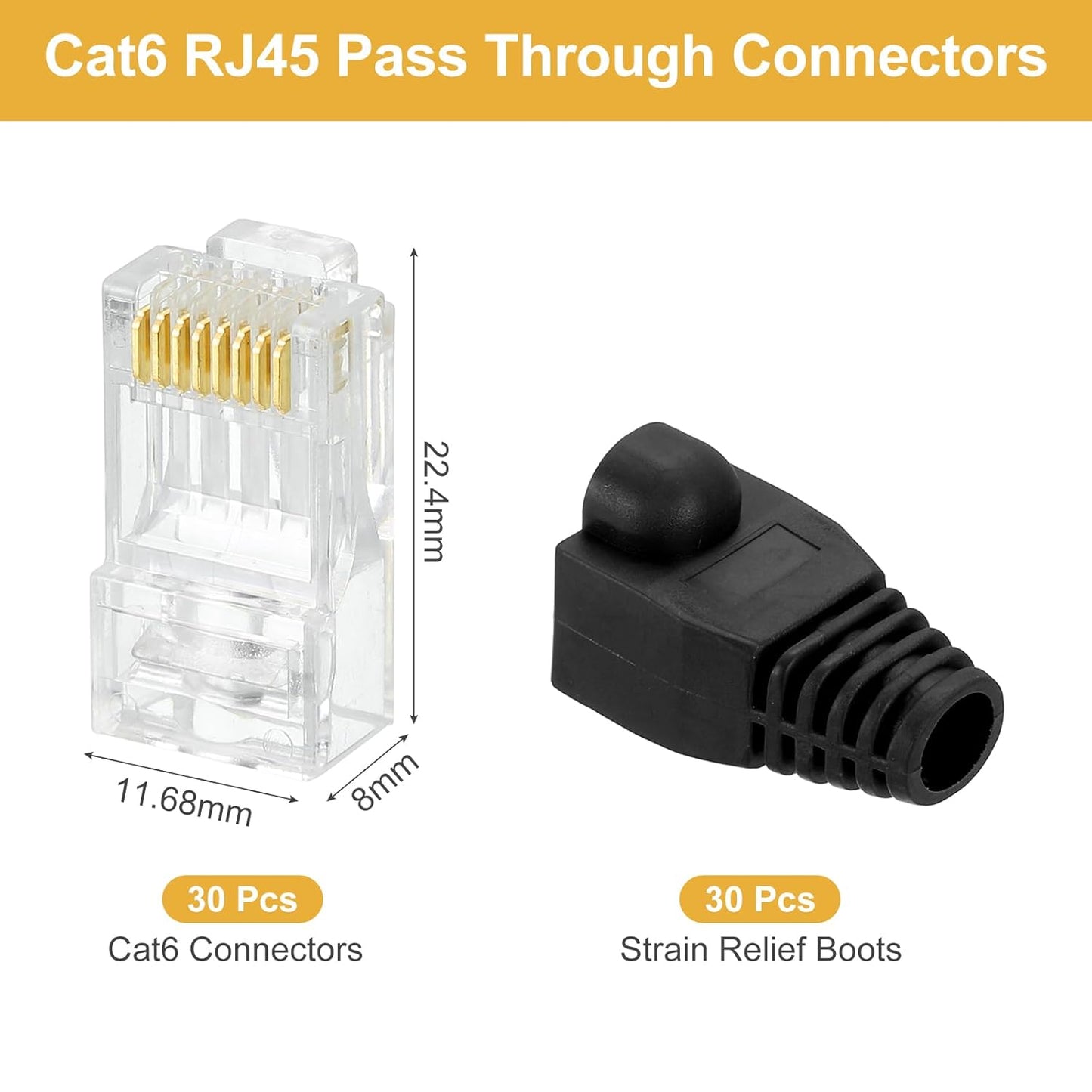 MECCANIXITY 30pcs Cat6 RJ45 Pass Through Connectors, RJ45 Connector 8P8C Gold Plated Plugs with 30pcs Black Strain Relief Boots for Solid or Stranded UTP Ethernet Cable, 1.1mm