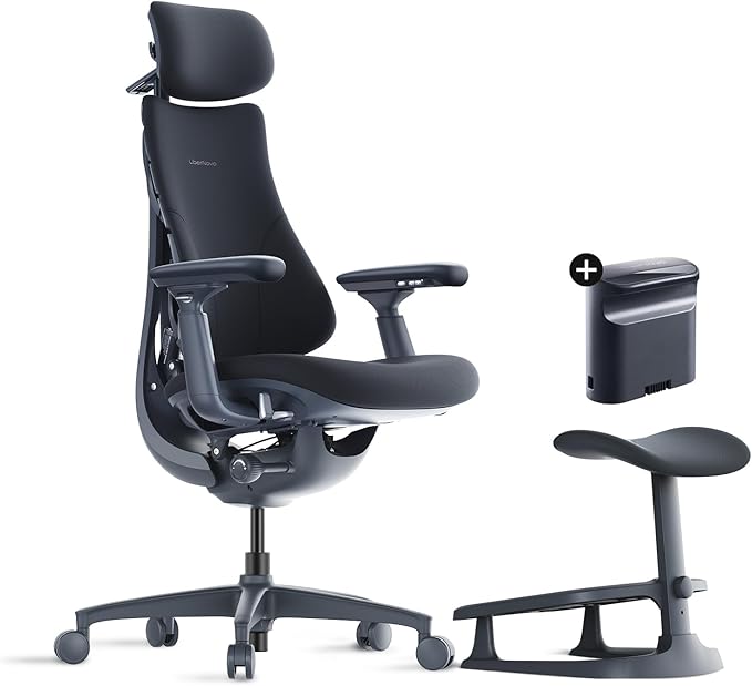 LiberNovo Dynamic Ergonomic Desk Chair + StepSync Footrest + Extra Battery Bundle - Comfy Home Office Chair with Adaptive Lumbar Support, 160° Recline & Built-in Spine Stretch, Black+48cm