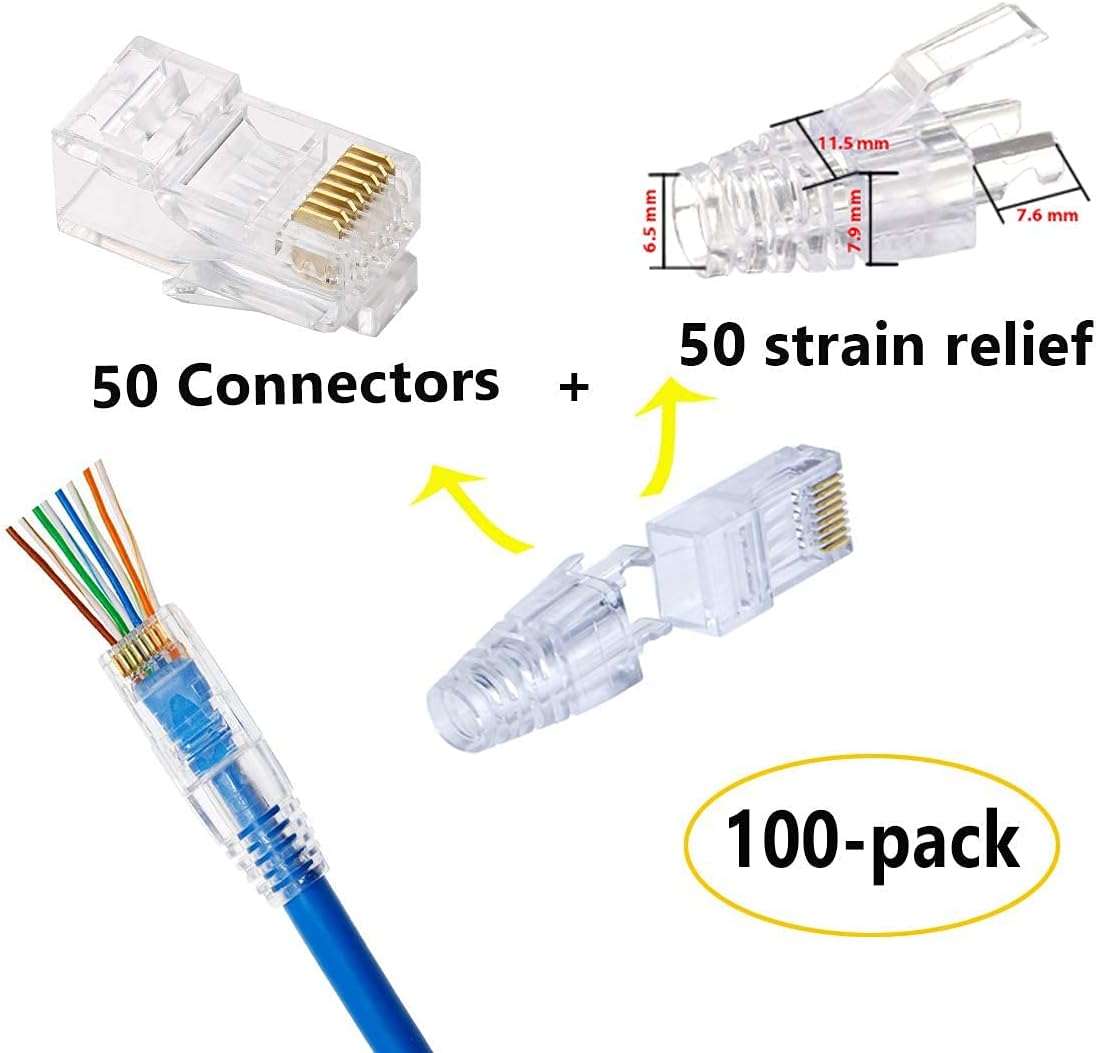 PETECHTOOL RJ45 CAT6 Pass Through Connectors Gold Plated 8P8C Plugs and Strain Relief (50xcat6plug+50xstrain Relief)