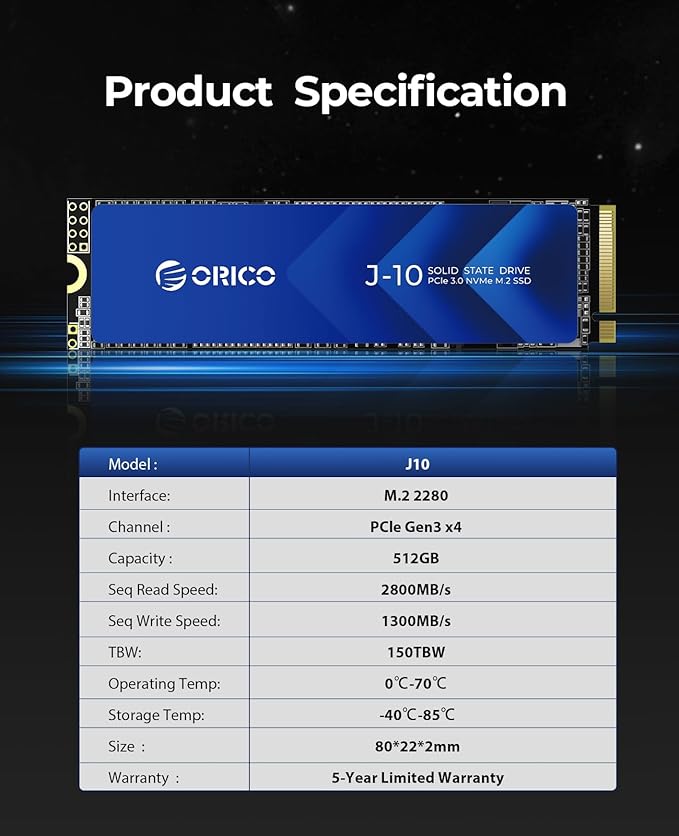 ORICO M.2 NVMe SSD 512GB with Heatsink, Up to 2800MB/s PCIe Gen3x4 2280 Internal Solid State Drive, SLC Cache 3D NAND, Compatible with Laptop and PC Desktops -J10
