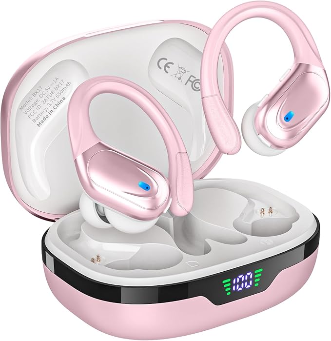 Wireless Earbuds, Sports Bluetooth Headphones, 80Hrs Playtime Ear Buds with LED Power Display, Noise Canceling Headset, IPX7 Waterproof Earphones for Workout/Running (Pink)