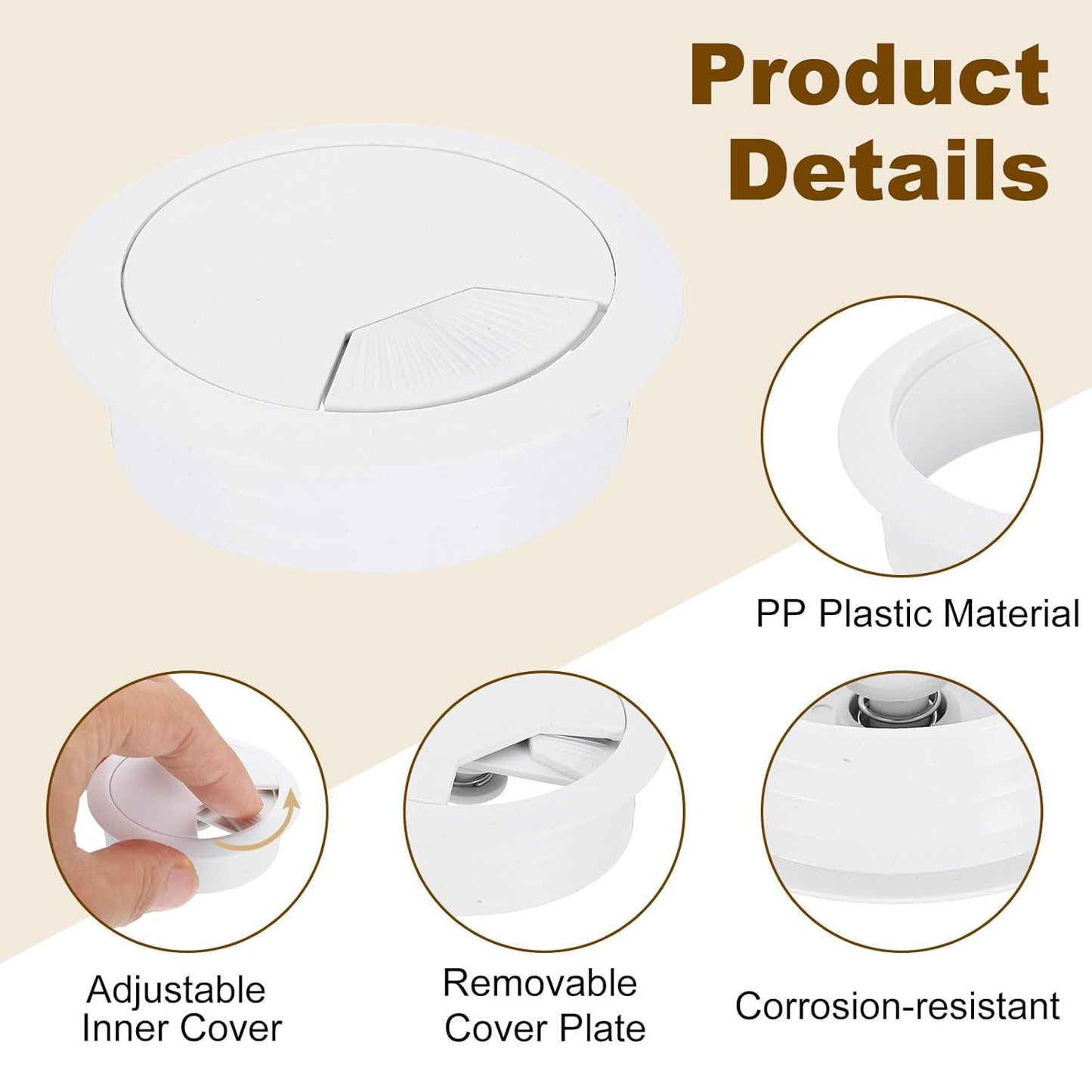 uxcell 5 Pcs 53mm (2.09 Inch) Desk Grommet, Plastic Cable Hole Cover, Wire Cord Cable Organizer for Home Office Computer Desk Cabinet, White