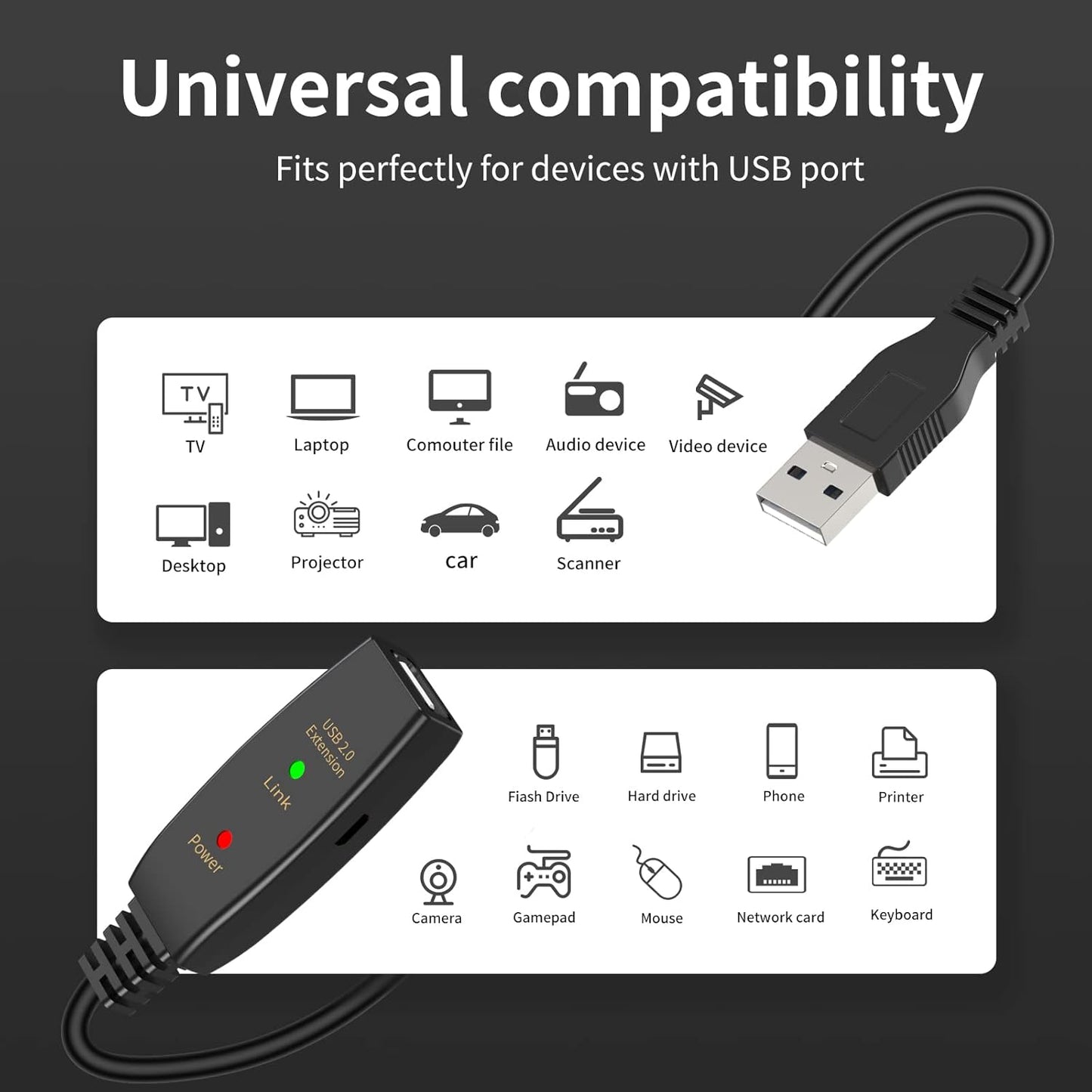 LDKCOK 50FT Active USB Extension Cable 2.0 Male to Female with A Extension chipset Signal Booster - Active Extension/Repeate