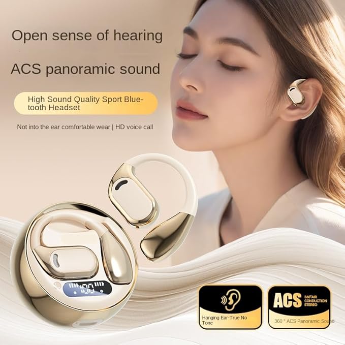 Open Ear Earbuds Wireless Earbuds Bluetooth 5.4, LED Display Bluetooth Earphone for Workout/Running, AI Noise Reduction Touch Controls, 72hr Playtime,Waterproof(Gold)