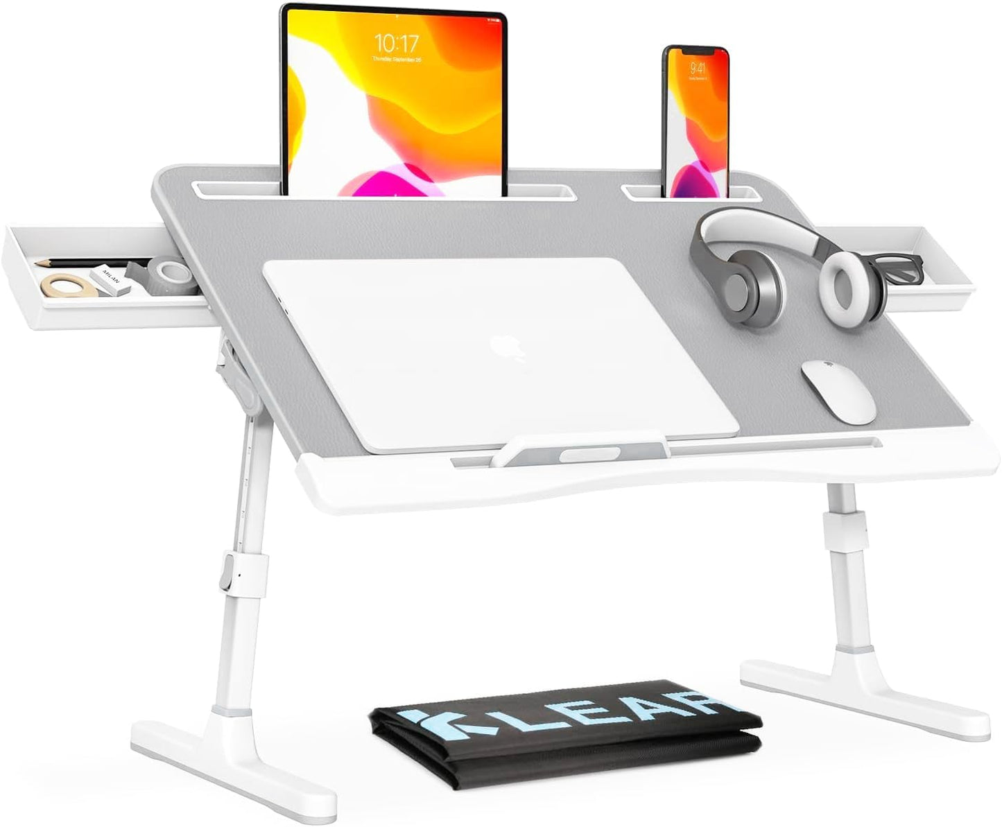 KLEAR Foldable Laptop Bed Tray Desk with Extral Drawstring Bag, Adjustable Bed Table with Heights and Angles, Lap Desk for Eating, Working, Writing, Gaming, Drawing with 2 Drawers(Grey)