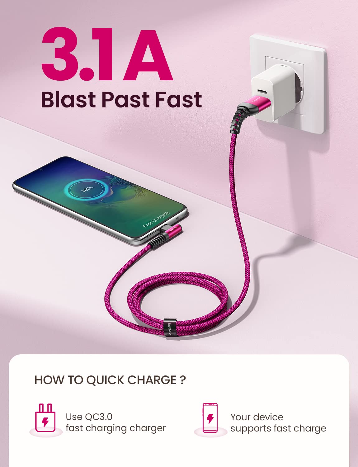 AINOPE USB C Cable [4-Pack, 3.1A] Type C Charger Fast Charging, Right Angle [10/6.6/3.3/3.3ft] USB A to USB C Cable Nylon Braided Compatible with Galaxy S22 S10 Plus S21 S20, Note 10, LG Google Pixel