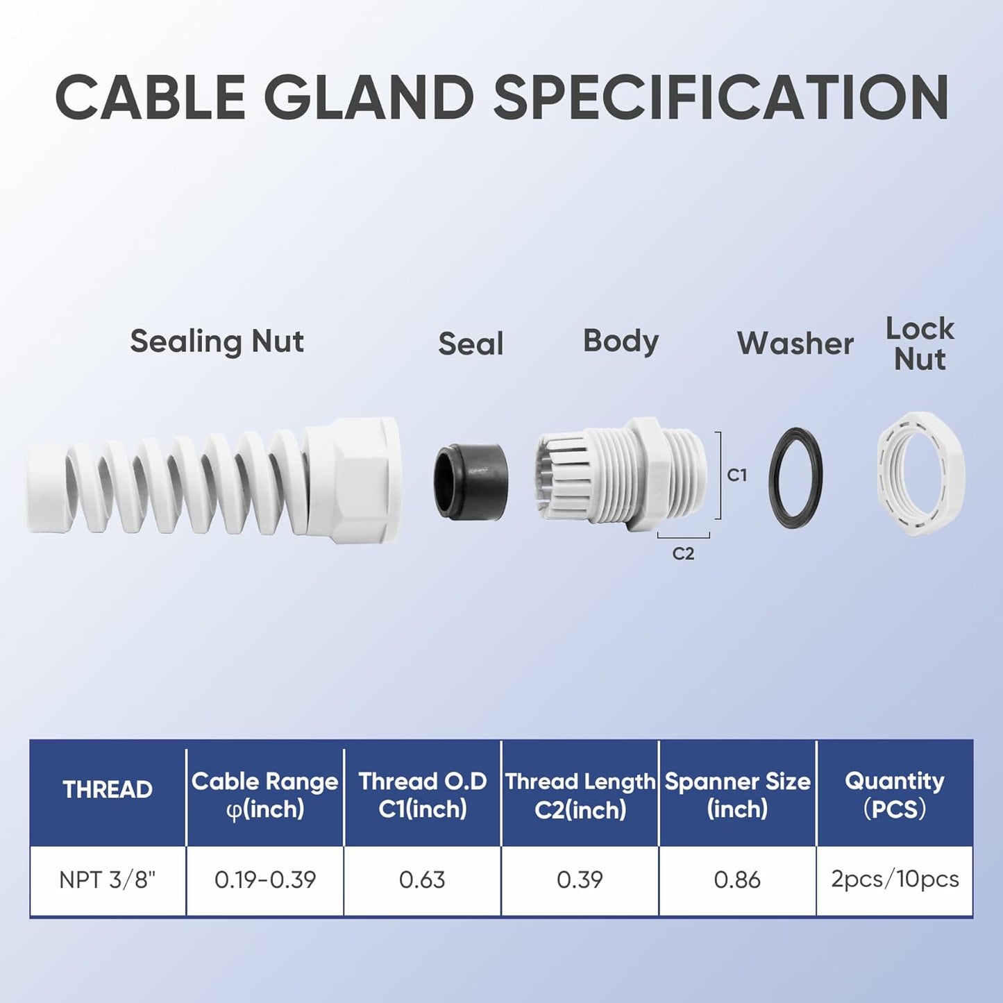 Strain Relief Cord Connector,LISTENJIALE 10Pcs NPT 3/8" Waterproof Cable Gland Flex Spiral Strain Relief Adjustable 5-10mm Cable Connector Nylon Joint with Gaskets(Grey)