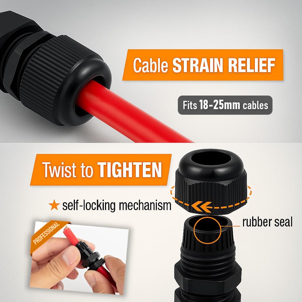 MGI SpeedWare 1" NPT Strain Relief Nylon Cord Grip Cable Glands, Black Plastic Grommet 2-Pack