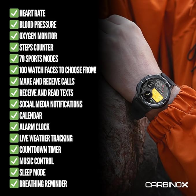 CARBINOX X-Ranger Smart Watch (Answer/Make Calls), Rugged Fitness Tracker IP69K Waterproof, Compatible with Android and iOS, 14 Days of Battery Military Durable, AMOLED Screen