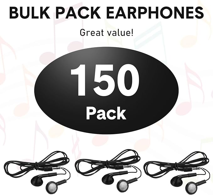 Konohan 150 Packs Earbuds Bulk Earphones with 3.5 mm Headphones Wired Ear Earbud Wired Earphone for Adult Teacher Office Home Computer Travel Library Individually Packed(Black)