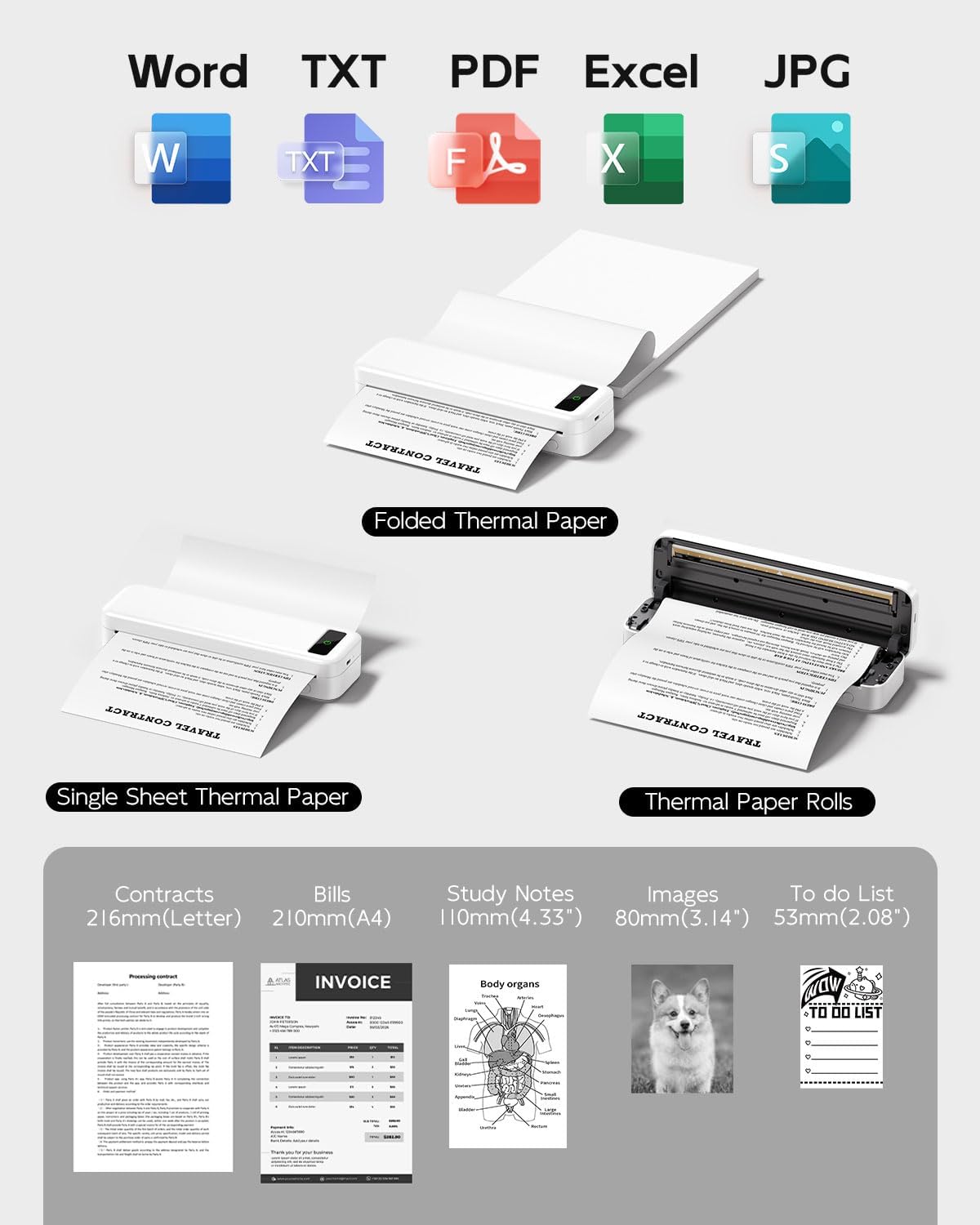 Inkless Portable Printer for Travel, Wireless Thermal Printer for Phone Laptop, Support 8.5" X 11" US Letter & A4 Size, Small Bluetooth Mobile Printers with Carry Case and 4 Rolls of Thermal Paper Kit
