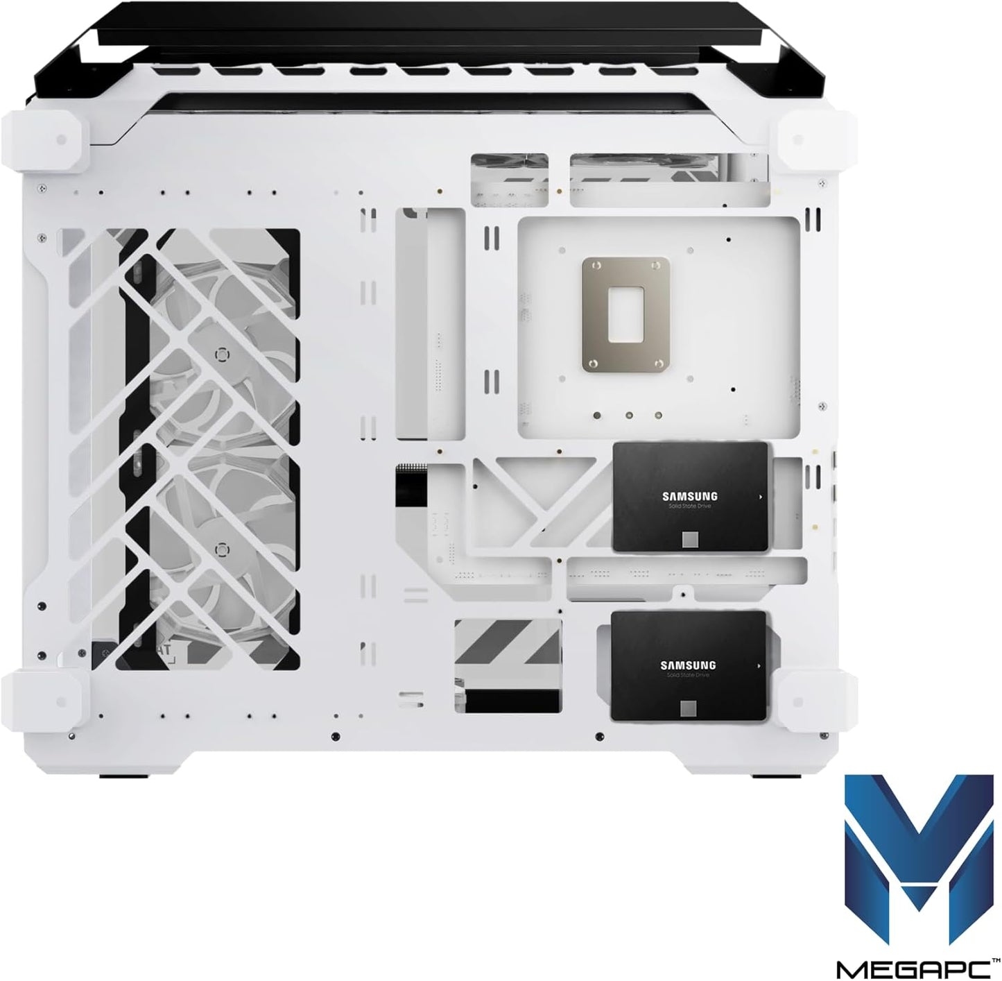 MegaPC Mino Open-Frame ATX Gaming Case – Industrial Design, Tempered Glass Panels, High Airflow, ARGB Lighting, USB-C Port (Black/White/Print Stream, with Fans Only)