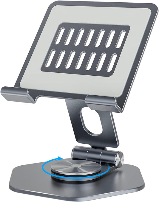 Foldable Aluminum Tablet Stand for Desk, 360° Swivel iPad & Tablet Holder – Portable & Stable Desktop Mount for 5–12.9in Devices, Grey