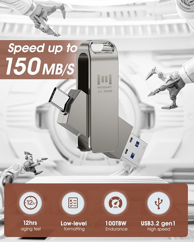MOSDART 256GB USB C 3.2 Fast Speed C and A Dual Flash Drive, exFAT Memory Stick with Keychain Loop, for iPhone 15,16,17, Android Phone, iPad, MacBook, Silver