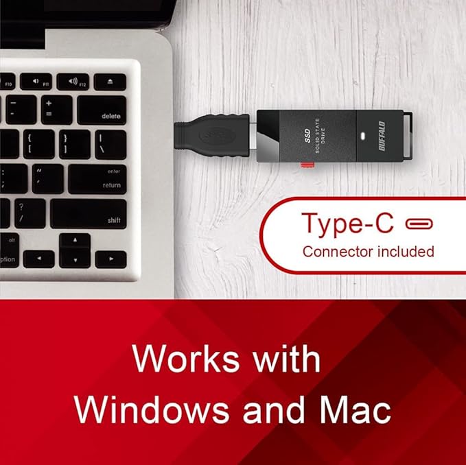BUFFALO External SSD 500GB - Up to 600MB/s - USB-C - USB-A - USB 3.2 Gen 2 (Compatible with PS4 / PS5 / Windows/Mac) - External Solid State Drive Stick - ‎‎‎SSD-PUT500U3B