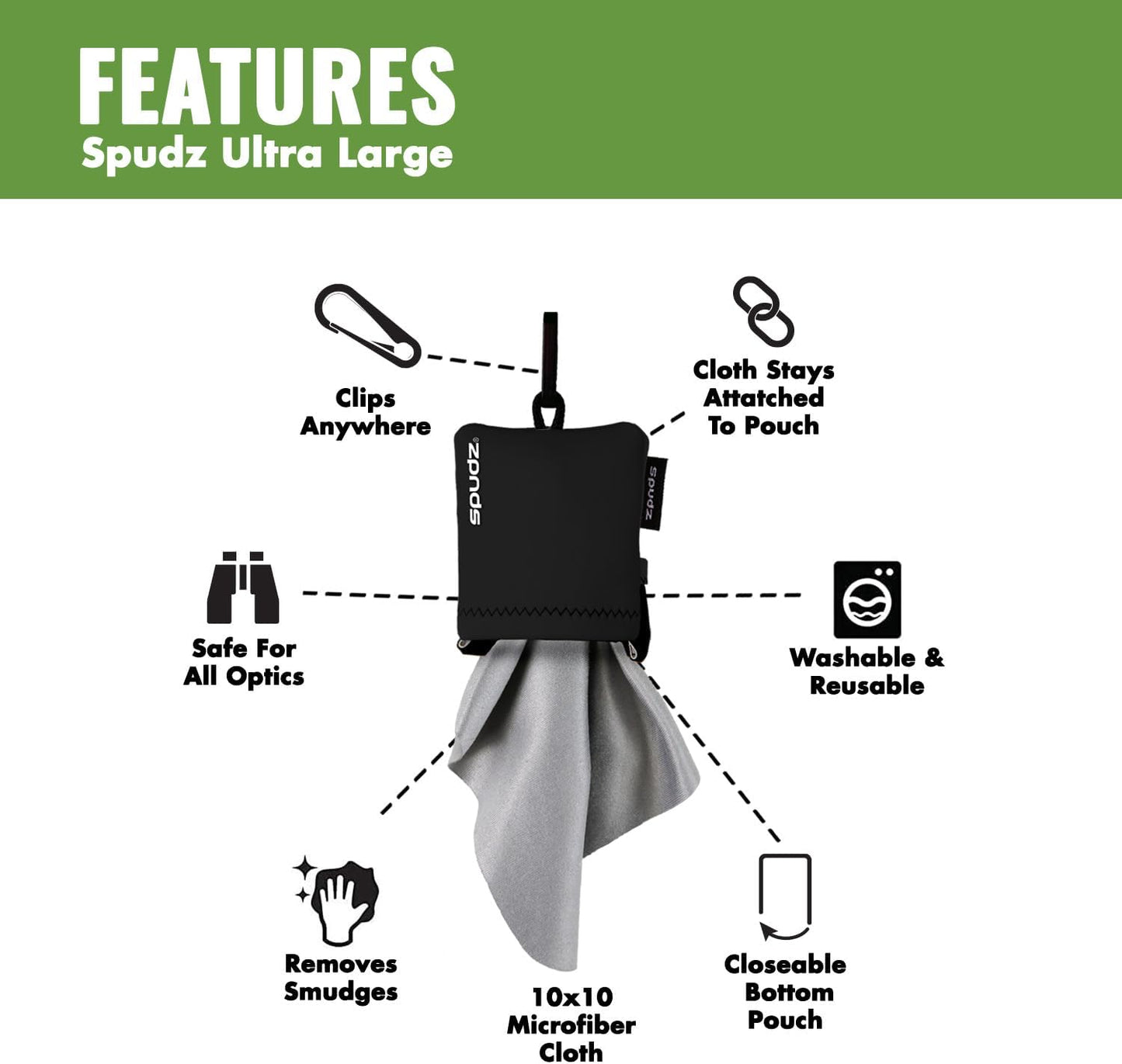 SPUDZ Ultra Microfiber Lens Cleaner – Closable Pouch, Clip-On, Washable – for Optics, Scopes, Glasses | Navy Blue, 10 x 10 Inch