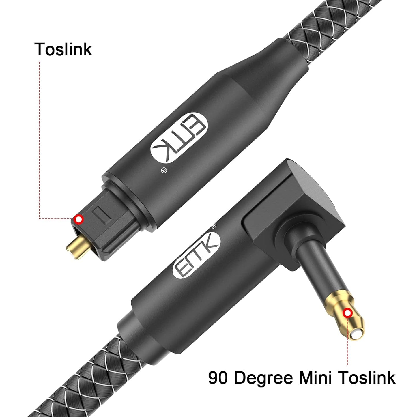 EMK Premium 90° Right-Angle Mini Toslink Cable (3Ft/1M) - 3.5mm Optical Digital Audio Cable for Sound Bars, TVs & Home Theater - SPDIF/Toslink Compatible, Black