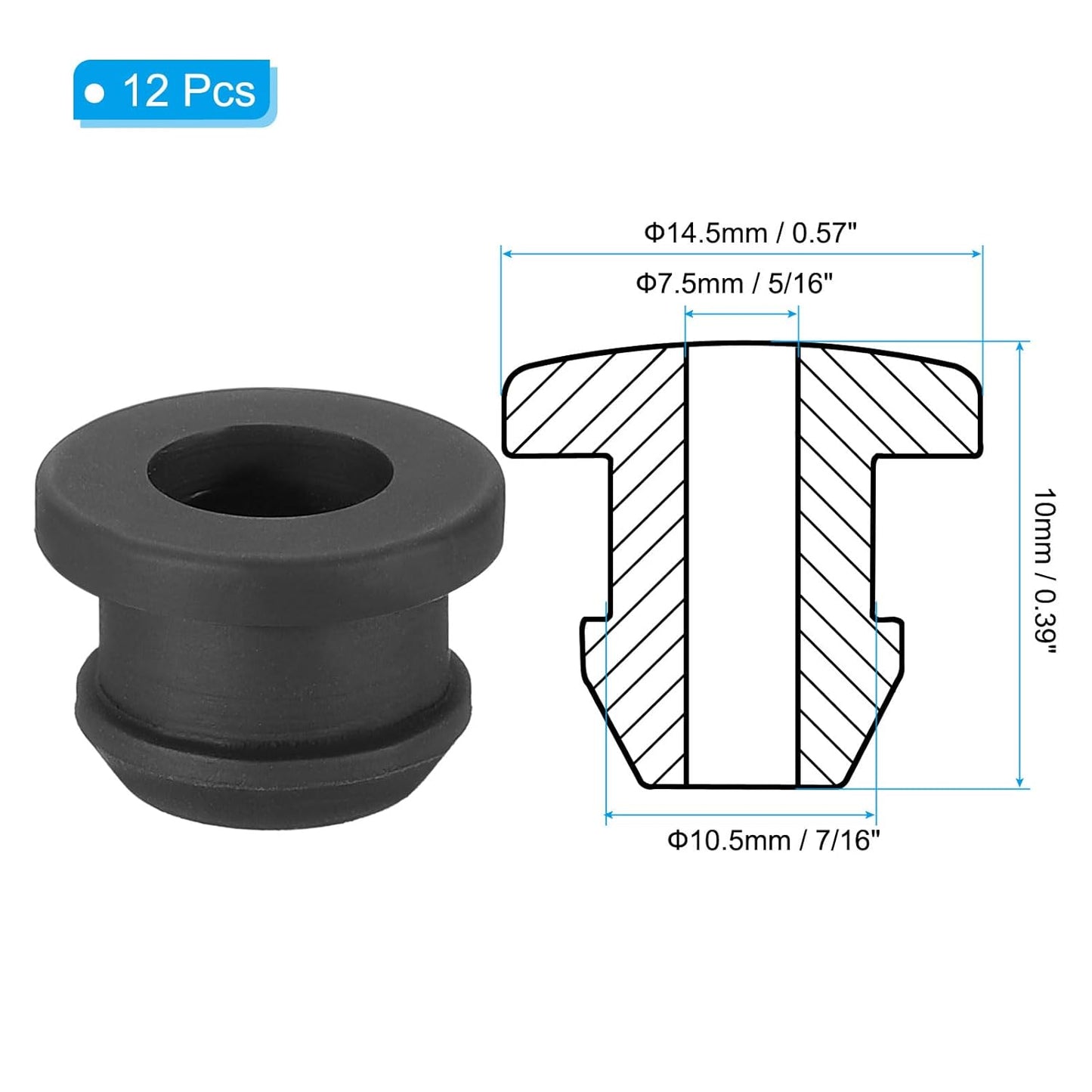 PATIKIL 10.5mm / 7/16 Inch Drill Hole,5/16 Inch ID Rubber Grommets, 12Pcs Top Hat Grommet for Wiring Eyelet Ring Gasket Automotive Firewall Cable Hole Plugs Wires Protection, Black