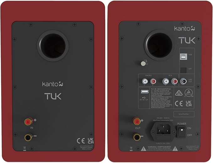 Kanto TUK Powered Speaker with Headphone Out | Built-in USB DAC | Dedicated RCA with Phono Pre-amp | Bluetooth | AMT Tweeter | 5.25" Driver | Pair | Matte Red