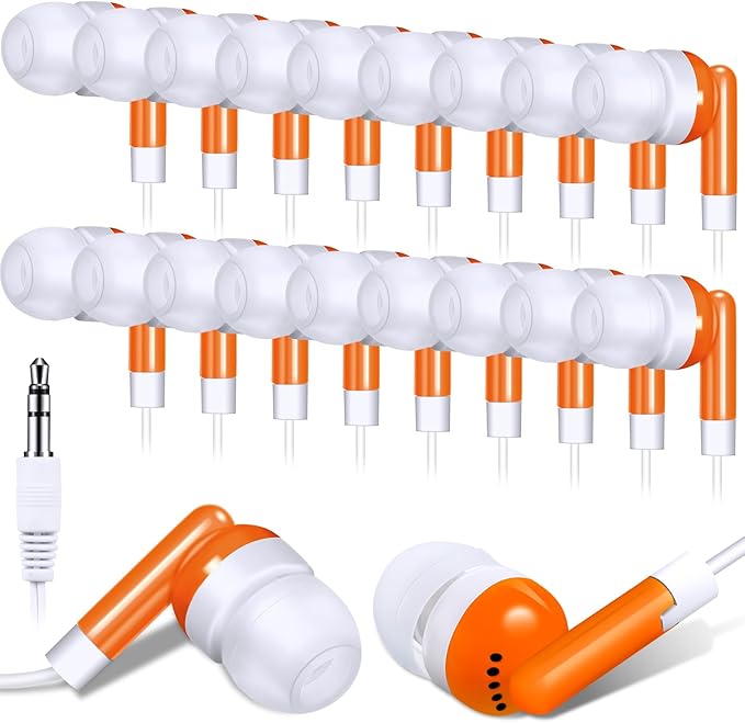 Konohan 100 Pcs Bulk Earbuds with Wire Basic Headphones in Ear for Libraries Laptop, No Microphone 3.5 mm Jack Earbuds Dot Headphones, Individually Bagged (Orange)