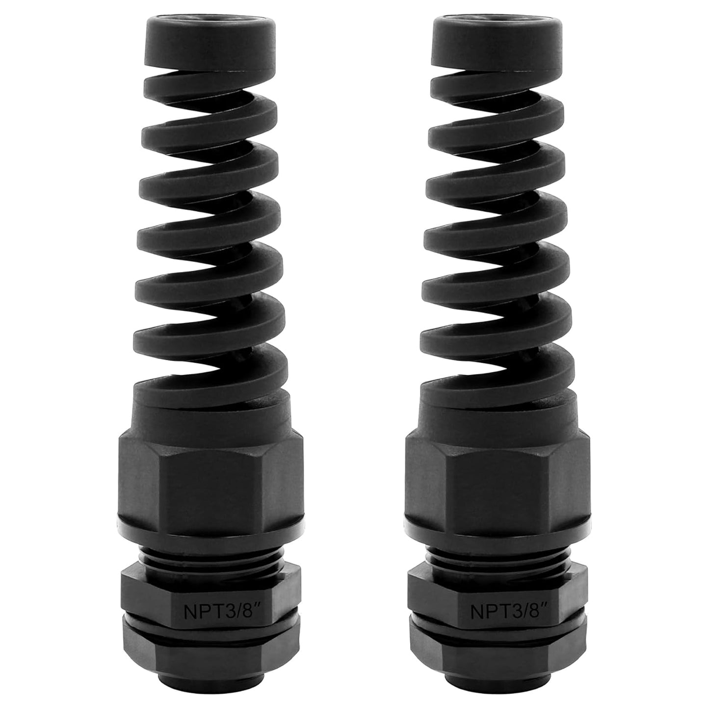 Strain Relief Cord Connector,LISTENJIALE 2Pcs NPT 3/8" Waterproof Cable Gland Flex Spiral Strain Relief Adjustable 5-10mm Cable Connector Nylon Joint with Gaskets(Black)