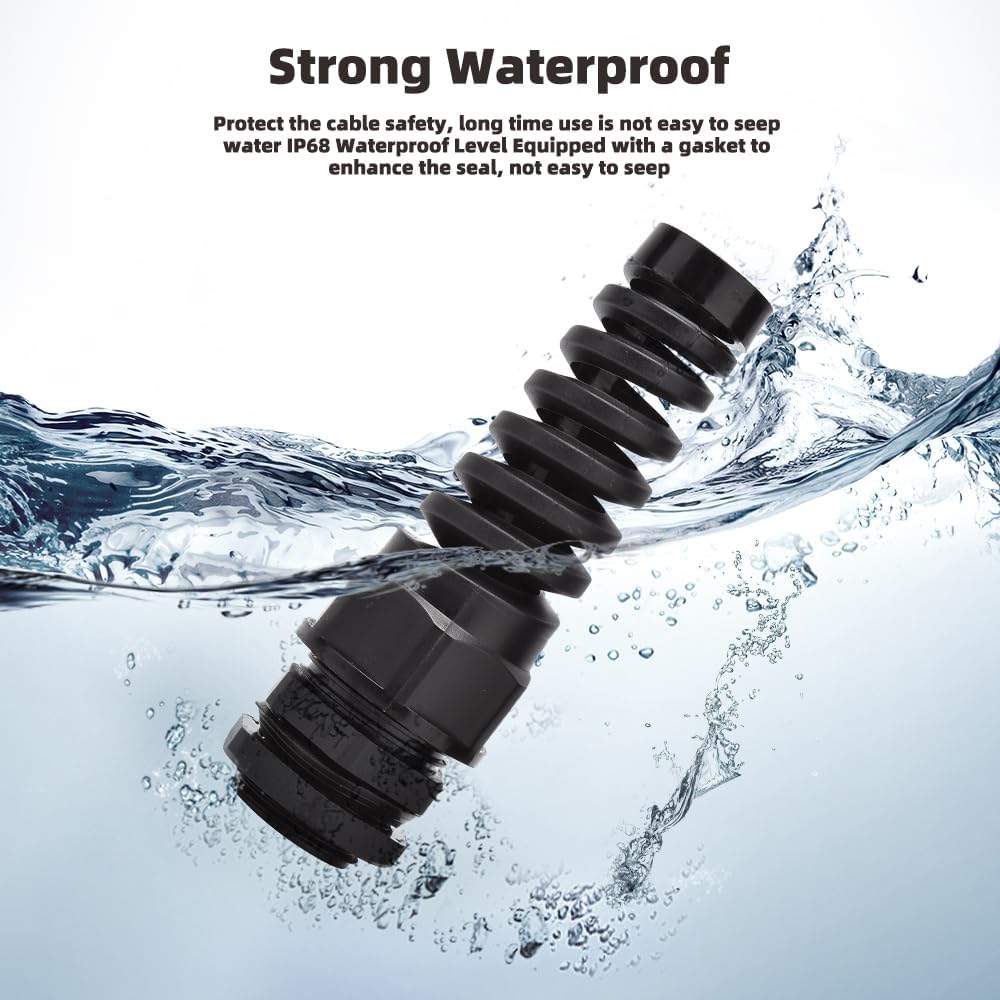 Strain Relief Cord Connector, CGELE 2 Pack NPT 3/8" Waterproof Cable Gland Cord Grip Spiral Adjustable Connector Strain Relief Cord Connectors Joints Nylon with Gaskets