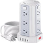 Power Strip Surge Protector, 10 Ft Extension Cord with 12 AC Multiple Outlets 4 USB (1 USB C), SMALLRT Power Tower Desktop Charging Station (White, 6.5 FT)