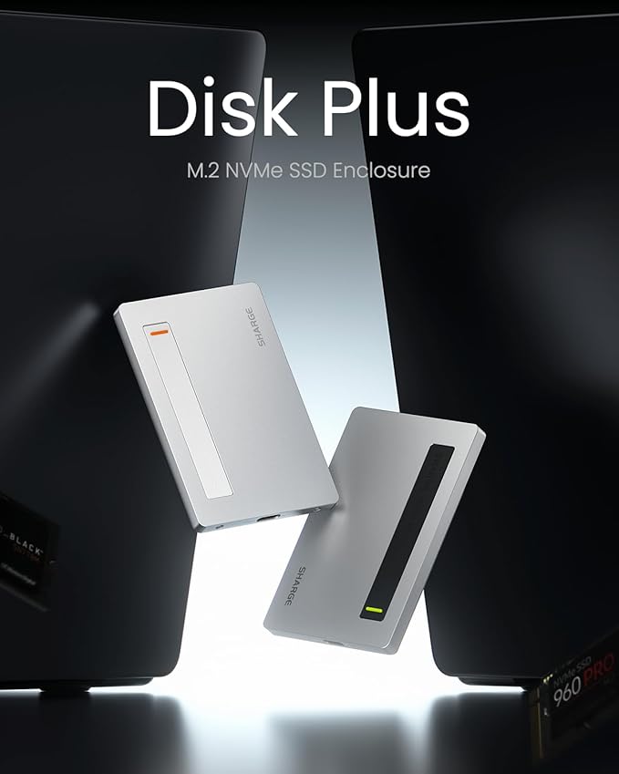 Disk Plus SSD Enclosure 10Gbps M.2 NVMe USB C 3.2 Gen2, 0.24" Ultra Slim Aluminum Enclosure with Built-in Cable Support 2230/2242/2280 M Key SSDs for MacBook Pro, Steam Deck (SSD not Included)