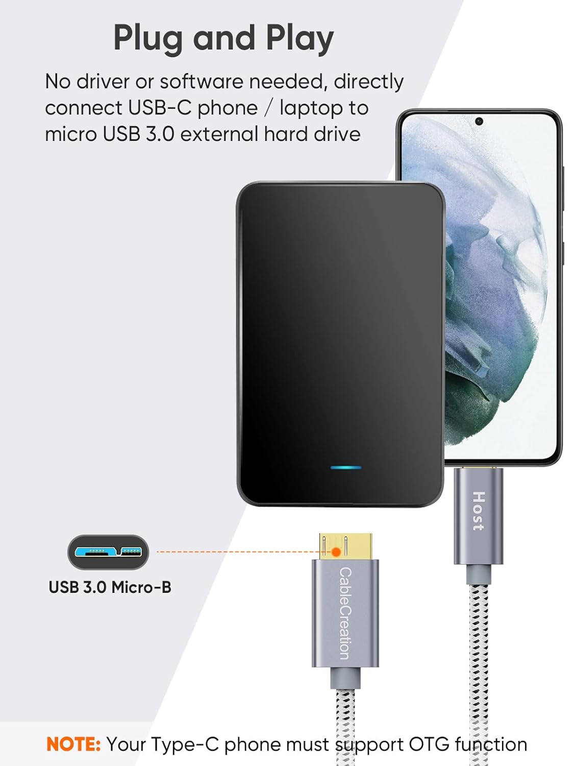 CableCreation 1FT*2 USB C to Micro B Cable,10Gbps Speed External Hard Drive Braided,USB 3.1 Type C to Micro B Work for iPhone 15 Series,Seagate WD Westgate My Passport,MacBook Pro,iPad/Tablet,Grey