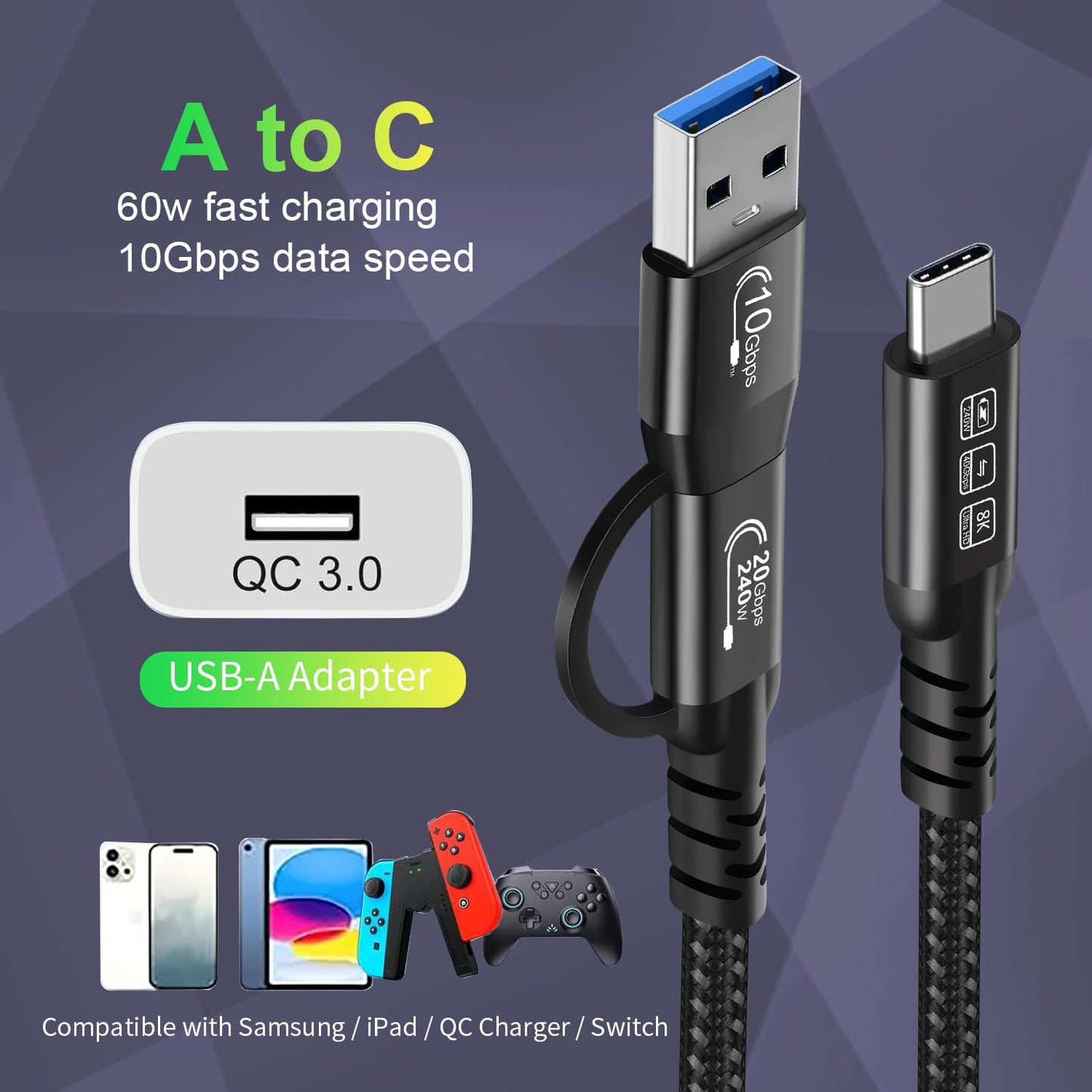 CABLEDECONN USB2.0 A to USB C 3.2 Type C 20Gbps Male to Male Detachable 1m 3.3ft Cable Data Extension 10Gbps 240W Fast Charge 8K Ultra HD Video Data Connection Power Line