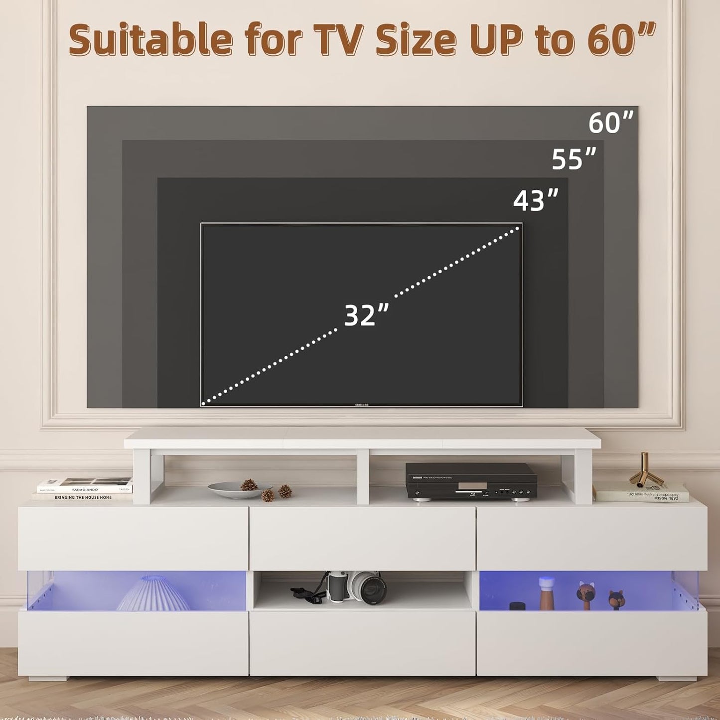 YAOHUOO 45" Large TV Riser for 32-60 inch TV, TV Riser Stand Shelf with Steel Legs, Tabletop TV Stand Riser for Home Office,White