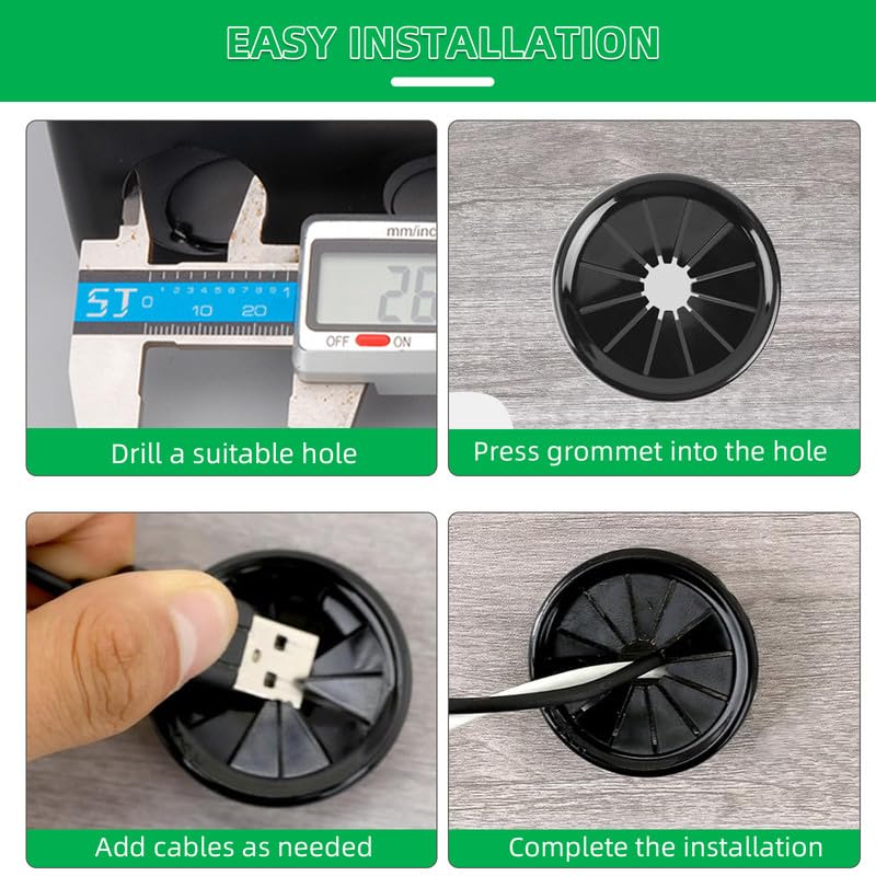 4PCS Cable Grommets, 3-1/8"(80mm) Desk Hole Cover Petal Shaped Buckle Type Nylon Snap Bushing Grommet, Wire Hole Cover Insert for Cables and Cords Management and Protection of Cabinet, Black