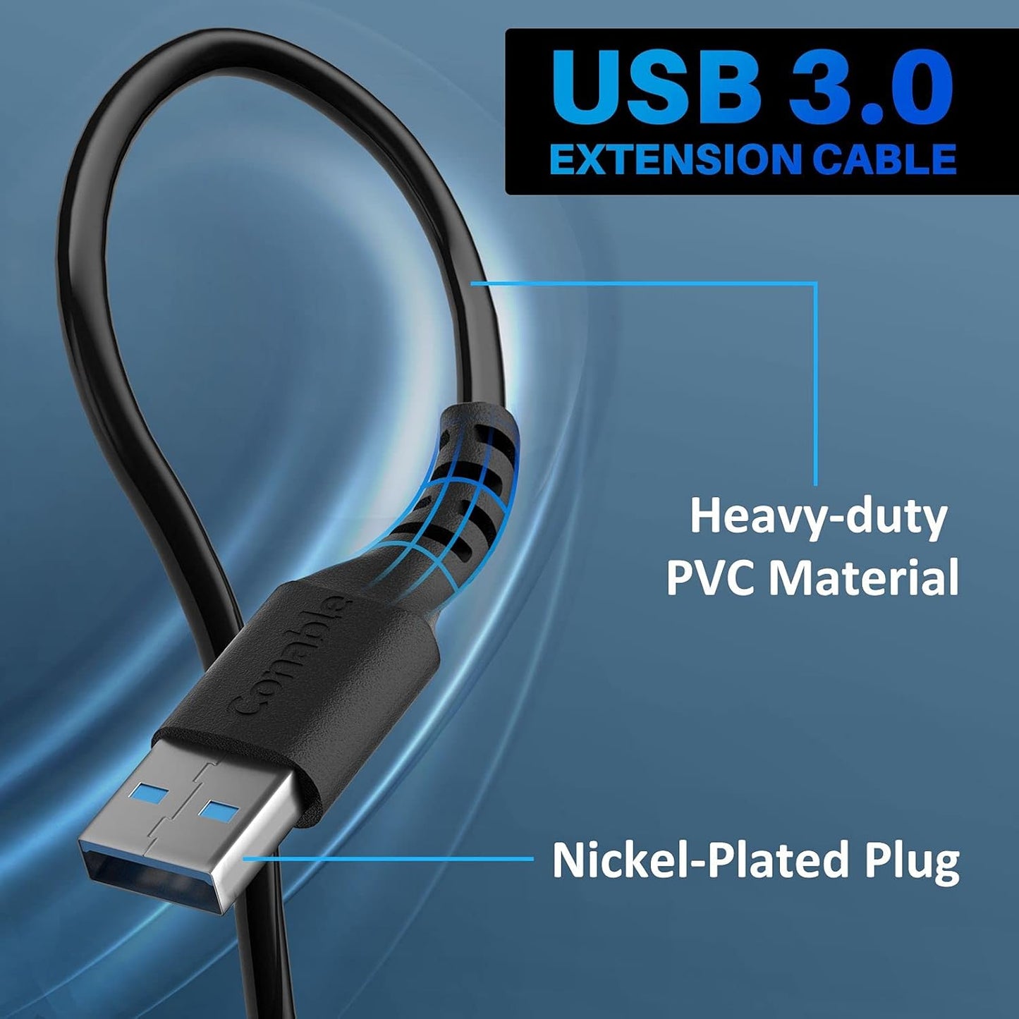 3 Pack USB 3.0 Extension Cable 12 Feet, USB A Male to Female Extender Cord, 5Gbps Data Transfer for Webcam, Printer, Keyboard, Mouse, Flash Drive, Hard Drive, Controller, Black Cable with 5 Cable Ties