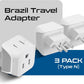 Ceptics Brazil Travel Adapter Plug with Dual Usa Input - Type N (3 Pack - Ultra Compact - Safe Grounded Perfect for Cell Phones, Laptops, Camera Chargers and More - Power Plug (CT-11C)